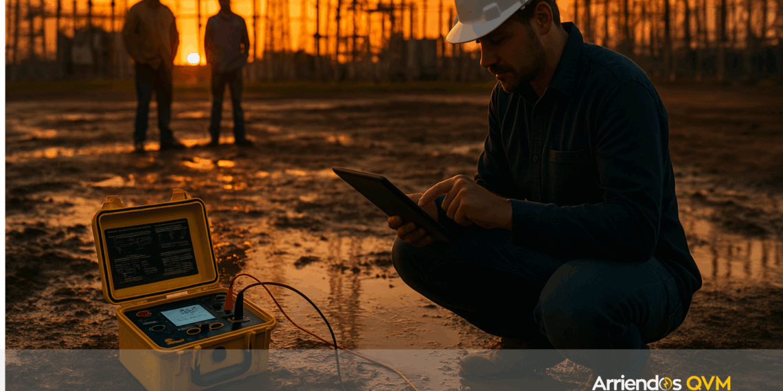 Técnico eléctrico utilizando telurómetro con estacas y pinzas en una subestación para medir resistencia de puesta a tierra.