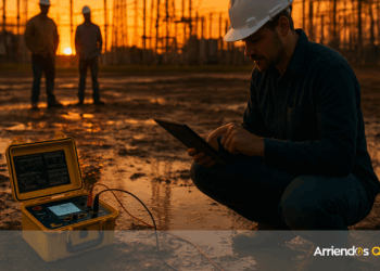 Técnico eléctrico utilizando telurómetro con estacas y pinzas en una subestación para medir resistencia de puesta a tierra.