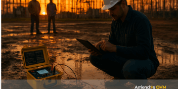 Técnico eléctrico utilizando telurómetro con estacas y pinzas en una subestación para medir resistencia de puesta a tierra.