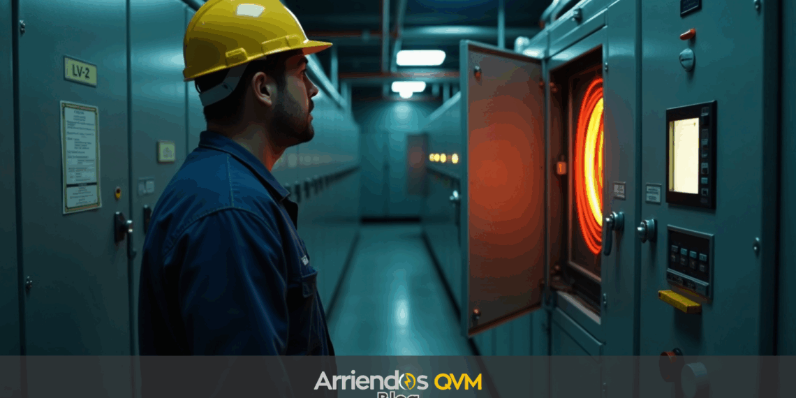 Técnico revisando panel eléctrico con sobrecarga armónica oculta en el neutro — imagen industrial realista